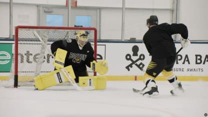 Swayman mic'd up at Bruins practice