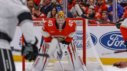 Florida Panthers goaltender Daniil Tarasov (40) looks on during the first period in the game between the Los Angeles Kings and the Florida Panthers on December 17, 2025 at the Amerant Bank Arena in Sunrise, FL.(Photo by Chris Arjoon/Icon Sportswire via Getty Images)
