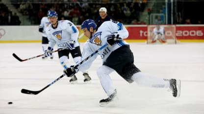 Sami Salo #6 of Finland scores the second goal in the first period during the quarter final of the men's ice hockey match between Finland and the United States during Day 12 of the Turin 2006 Winter Olympic Games on February 22, 2006 at the Palasport Olimpico in Turin, Italy. (Photo by Brian Bahr/Getty Images)