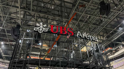 UBS Arena signage installed on center-hung scoreboard