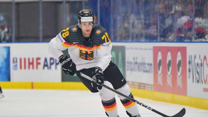 Nico Sturm of Germany in action during the 2024 IIHF Ice Hockey World Championship Quarterfinal match between Switzerland and Germany on May 23, 2024 in Ostrava, Czech Republic. (Photo by PressFocus/MB Media/Getty Images)
