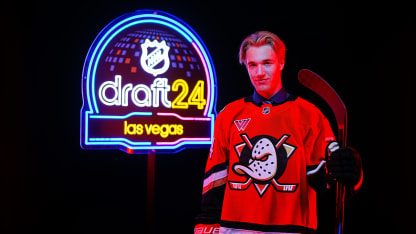 Lucas Pettersson poses for a portrait after being selected 35th overall by the Anaheim Ducks during the 2024 Upper Deck NHL Draft Rounds 2-7 at Sphere on June 29, 2024 in Las Vegas, Nevada. (Photo by Mark Blinch/NHLI via Getty Images)