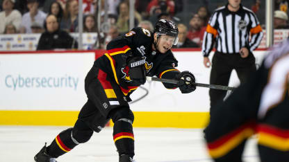 Olli Määttä #3 of the Calgary Flames takes a shot against the Carolina Hurricanes during the third period at the Scotiabank Saddledome on March 7, 2026 in Calgary, Canada. (Photo by Brett Holmes/Getty Images)