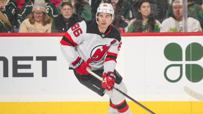 Jack Hughes #86 of the New Jersey Devils skates with the puck against the Minnesota Wild during the game at Grand Casino Arena on January 12, 2026 in Saint Paul, Minnesota. (Photo by Bruce Kluckhohn/NHLI via Getty Images)