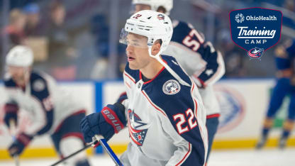 blue jackets training camp jordan harris