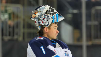 NEWARK, NJ - MARCH 22: Eric Comrie #1 of the Winnipeg Jets defends the net during the game against the New York Rangers on March 22, 2026 at Madison Square Garden in New York City. (Photo by Rich Graessle/Getty Images)