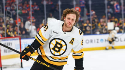 Boston Bruins Right Wing David Pastrnak (88) takes a lap in the first period of the Edmonton Oilers game versus the Boston Bruins on December 31, 2025 at Rogers Place in Edmonton, AB. (Photo by Curtis Comeau/Icon Sportswire via Getty Images)