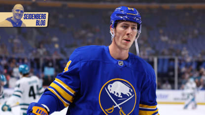 Logan Stanley #64 of the Buffalo Sabres warms up prior to an NHL game against the San Jose Sharks on March 10, 2026 at KeyBank Center in Buffalo, New York. (Photo by Bill Wippert/NHLI via Getty Images)
