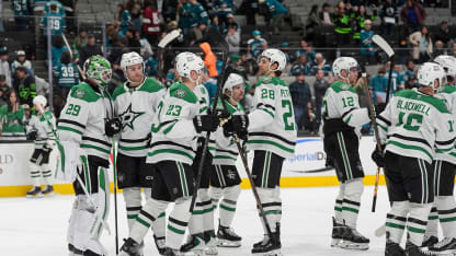 The Dallas Stars celebrate the win against the San Jose Sharks at SAP Center on December 18, 2025 in San Jose, California. (Photo by Kavin Mistry/NHLI via Getty Images)
