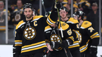 Patrice Bergeron #37 of the Boston Bruins waves to fans before exiting the ice after Florida Panthers defeat the Bruins 4-3 in overtime of Game Seven of the First Round of the 2023 Stanley Cup Playoffs at TD Garden on April 30, 2023 in Boston, Massachusetts. (Photo by Maddie Meyer/Getty Images)