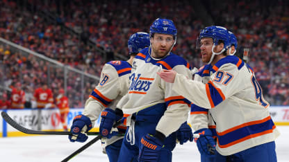 Connor McDavid #97 and Leon Draisaitl #29 of the Edmonton Oilers have a conversation during a stoppage in play in the second period of the game against the Calgary Flames at Rogers Place on December 23, 2025, in Edmonton, Alberta, Canada. (Photo by Andy Devlin/NHLI via Getty Images)