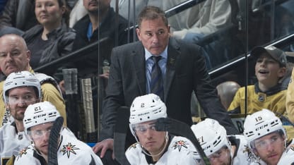 VANCOUVER, CANADA - APRIL 6: Head coach Bruce Cassidy of the Vegas Golden Knights looks on from the bench during their NHL game against the Vancouver Canucks at Rogers Arena on April 6, 2025 in Vancouver, British Columbia, Canada. (Photo by Jeff Vinnick/NHLI via Getty Images)
