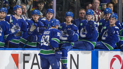 Marco Rossi #93 of the Vancouver Canucks celebrates his goal with teammates during the third period of their NHL game against the San Jose Sharks at Rogers Arena on December 27, 2025 in Vancouver, British Columbia, Canada. (Photo by Jeff Vinnick/NHLI via Getty Images)