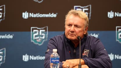 New Columbus Blue Jackets head coach Rick Bowness speaks to the media during his introductory press conference at Nationwide Arena on January 13, 2026 in Columbus, Ohio. (Photo by Kirk Irwin/NHLI via Getty Images)