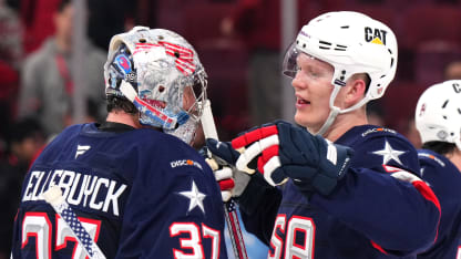 Connor Hellebuyck #37 of Team United States celebrates with Brady Tkachuk #7 after their 3-1 win in the 4 Nations Face-Off game between the United States and Canada at Bell Centre on February 15, 2025 in Montreal, Quebec. (Photo by Andre Ringuette/4NFO/World Cup of Hockey via Getty Images)