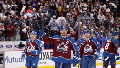 Gabriel Landeskog #92 of the Colorado Avalanche raises his stick after a win against the Dallas Stars in Game Six of the First Round of the 2025 Stanley Cup Playoffs at Ball Arena on May 1, 2025 in Denver, Colorado. (Photo by Michael Martin/NHLI via Getty Images)