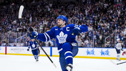 Auston Matthews #34 of the Toronto Maple Leafs celebrates after scoring a hat trick Winnipeg Jets during the third period at the Scotiabank Arena on January 1, 2026 in Toronto, Ontario, Canada. (Photo by Thomas Skrlj/NHLI via Getty Images)