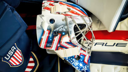 Swayman shows off his Team USA Mask