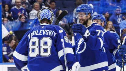 Goalie Andrei Vasilevskiy #88 and Victor Hedman #77 of the Tampa Bay Lightning celebrate the win against the Utah Hockey Club at Amalie Arena on March 27, 2025 in Tampa, Florida. (Photo by Mike Carlson/NHLI via Getty Images)