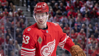 Moritz Seider #53 of the Detroit Red Wings gets set for the face-off against the Montreal Canadiens during the third period at Little Caesars Arena on March 19, 2026 in Detroit, Michigan. Detroit defeated Montreal 3-1. (Photo by Dave Reginek/NHLI via Getty Images)