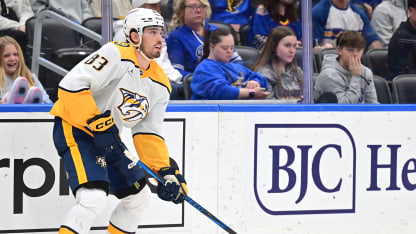 Nashville Predators defenseman Adam Wilsby (83) controls the puck during a NHL game between the Nashville Predators and the St. Louis Blues, on December 27, 2024, at Enterprise Center, St. Louis, MO. (Photo by Keith Gillett/IconSportswire)