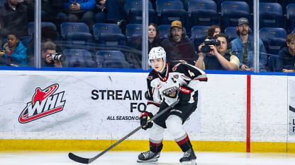 Ryan Lin #4 of the Vancouver Giants carries the puck against the Kelowna Rockets at Prospera Place on March 06, 2026 in Kelowna, British Columbia. (Photo by Steve Dunsmoor/Getty Images)
