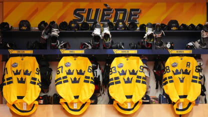 A general view of the locker room stalls of Leo Carlsson #91, Rickard Rakell #67, Mika Zibanejad #96 and William Nylander #88 of Team Sweden before the 4 Nations Face-Off game between Canada and Sweden at Bell Centre on February 12, 2025 in Montreal, Quebec. (Photo by Andre Ringuette/4NFO/World Cup of Hockey via Getty Images)