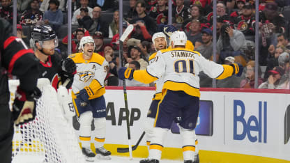 OTTAWA, CANADA - OCTOBER 13: Ryan O'Reilly #90 of the Nashville Predators celebrates his third period goal against the Ottawa Senators with Filip Forsberg #9 and Steven Stamkos #91 at Canadian Tire Centre on October 13, 2025 in Ottawa, Ontario, Canada. (Photo by Chris Tanouye/Freestyle Photography/Getty Images)