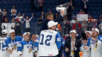 Jukka Jalonen, head coach of Finland celebrate with the trophy after winning the gold medal game over Canada during the 2019 IIHF Ice Hockey World Championship Slovakia final game between Canada and Finland at Ondrej Nepela Arena on May 26, 2019 in Bratislava, Slovakia. (Photo by Martin Rose/Getty Images)