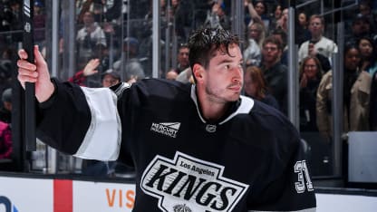 David Rittich #31 of the Los Angeles Kings celebrates after being named Player of the Game after their victory against the Seattle Kraken at Crypto.com Arena on November 23, 2024 in Los Angeles, California. (Photo by Juan Ocampo/NHLI via Getty Images)