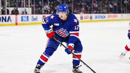 look on Rochester Americans left wing Matej Pekar (12) during the Rochester Americans versus the Laval Rocket game on October 30, 2021, at Place Bell in Laval, QC (Photo by David Kirouac/Icon Sportswire via Getty Images)