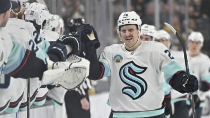 Eeli Tolvanen #20 of the Seattle Kraken celebrates with teammates after a goal during the first period against the Vegas Golden Knights at T-Mobile Arena on January 31, 2026 in Las Vegas, Nevada. (Photo by David Becker/NHLI via Getty Images)