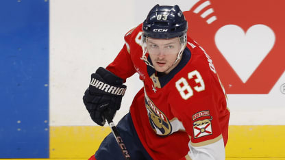 Oliver Okuliar #83 of the Florida Panthers skates prior to a preseason game against the Carolina Hurricanes at the Amerant Bank Arena on September 28, 2024 in Sunrise, Florida. (Photo by Joel Auerbach/Getty Images)