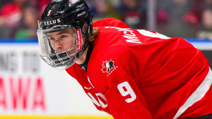 Gavin McKenna #9 of Team Canada awaits a face-off against Team Sweden during the preliminary round of the 2024 Hlinka Gretzky Cup at Rogers Place on August 07, 2024, in Edmonton, Alberta, Canada. (Photo by Leila Devlin/Getty Images)