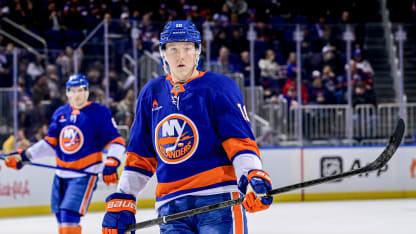 Simon Holmstrom #10 of the New York Islanders waits for play to begin against the Columbus Blue Jackets during a game at UBS Arena on March 24, 2025 in Elmont, New York. (Photo by Steven Ryan/NHLI via Getty Images)