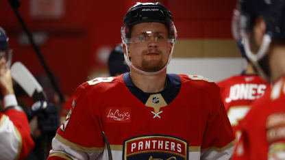 Nico Sturm #8 of the Florida Panthers greets teammates in the hallway before heading out for warm ups prior to hosting the Carolina Hurricane in Game Four of the Eastern Conference Final of the 2025 Stanley Cup Playoffs at the Amerant Bank Arena on May 26, 2025 in Sunrise, Florida. (Photo by Eliot J. Schechter/NHLI via Getty Images)