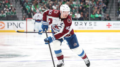 DALLAS, TEXAS - MARCH 06: Gabriel Landeskog #92 of the Colorado Avalanche advances the puck during the second period against the Dallas Stars at American Airlines Center on March 06, 2026 in Dallas, Texas. (Photo by Stacy Revere/Getty Images)