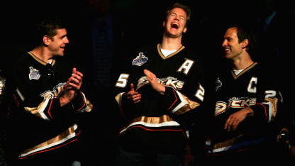Sean O'Donnell #21, Chris Pronger #25 and Scott Niedermayer #27 of the 2007 Anaheim Ducks