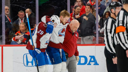 Colorado Avalanche left wing Gabriel Landeskog (92) is helped off the ice injured in the second period during a NHL game between the Colorado Avalanche and the Florida Panthers on January 4, 2026 at Amerant Bank Arena in Sunrise, FL.(Photo by Chris Arjoon/Icon Sportswire via Getty Images)