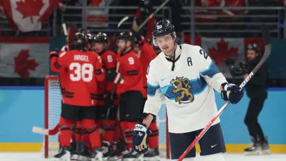 Sebastian Aho #20 of Team Finland shows dejection after the team's 2-3 defeat in the Men's Semifinals Playoff match between Canada and Finland on day fourteen of the Milano Cortina 2026 Winter Olympic games at Milano Santagiulia Ice Hockey Arena on February 20, 2026 in Milan, Italy. (Photo by Bruce Bennett/Getty Images)