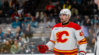Adam Klapka #43 of the Calgary Flames looks on during an NHL game against the San Jose Sharks on December 16, 2025 at SAP Center at San Jose in San Jose, CA. (Photo by Matthew Huang/Icon Sportswire via Getty Images)