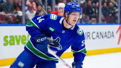 Aatu Raty #54 of the Vancouver Canucks skates during the first period of their NHL game against the Calgary Flames at Rogers Arena on October 9, 2024 in Vancouver, British Columbia, Canada. (Photo by Derek Cain/Getty Images)