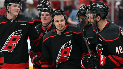 Center Logan Stankoven (22) of the Carolina Hurricanes is celebrated by teammates during the Storm Surge after the NHL game between the Columbus Blue Jackets and the Carolina Hurricanes on April 2, 2026 at Lenovo Center in Raleigh, North Carolina. (Photo by Katherine Gawlik/Icon Sportswire via Getty Images)