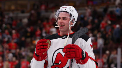 Simon Nemec #17 of the New Jersey Devils celebrates after a game against the Chicago Blackhawks on November 12, 2025 at the United Center in Chicago, Illinois. (Photo by Melissa Tamez/Icon Sportswire via Getty Images)