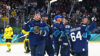 Players of Team Finland acknowledge the fans after the team's 4-1 victory in the Men's Preliminary Group B match between Finland and Sweden on day seven of the Milano Cortina 2026 Winter Olympic games at Milano Santagiulia Ice Hockey Arena on February 13, 2026 in Milan, Italy. (Photo by Gregory Shamus/Getty Images)