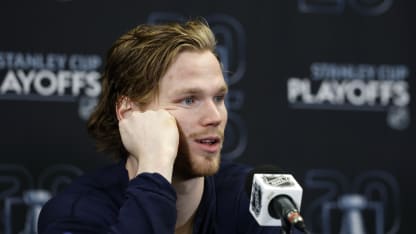 Bowen Byram #4 of the Buffalo Sabres speaks after game 4 of the Stanley Cup Playoffs First Round between the Boston Bruins and the Buffalo Sabres on April 26, 2026, at TD Garden in Boston, Massachusetts. (Photo by Fred Kfoury III/Icon Sportswire via Getty Images)