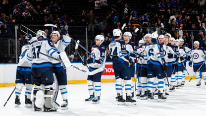 The Winnipeg Jets celebrate after a 6-3 win against the New York Rangers at Madison Square Garden on November 12, 2024 in New York City. (Photo by Jared Silber/NHLI via Getty Images)