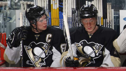 Sidney Crosby #87 and Marian Hossa #18 of the Pittsburgh Penguins talk on the bench during the game against the New York Islanders at Mellon Arena March 27, 2008 in Pittsburgh, Pennsylvania. Pittsburgh won the game 3-1. (Photo by Gregory Shamus/NHLI via Getty Images)