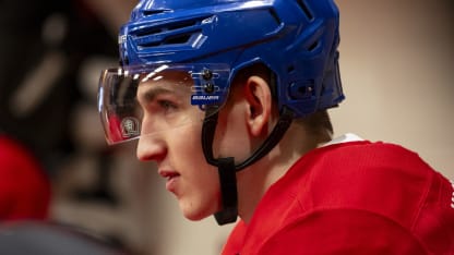 Lane Hutson #48 of the Montreal Canadiens looks on in the locker room before the warm-up of the Game Three of the First Round of the 2025 NHL Stanley Cup Playoffs between the Montreal Canadiens and the Washington Capitals at the Bell Centre on April 25, 2025 in Montreal, Quebec, Canada. (Photo by Vitor Munhoz/NHLI via Getty Images)