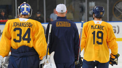 Jonas Johansson, Andrew Allen and Jake McCabe at Sabres training camp at HarborCenter